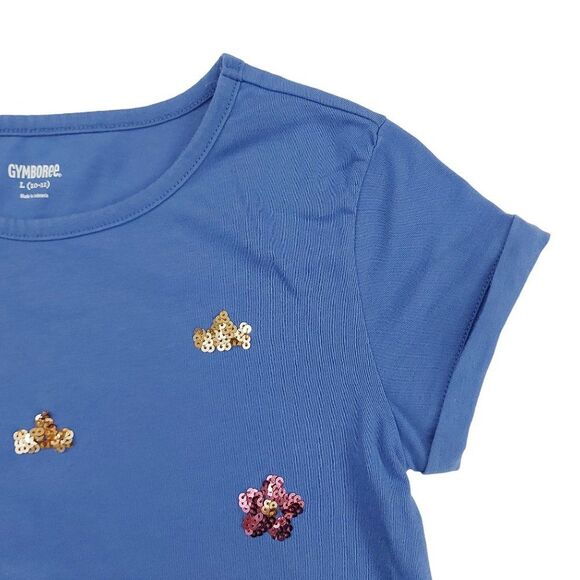 Gymboree Girls Top Large 10-12 Blue Cuffed Sleeve Sequin Cotton Blend - Picture 3 of 8